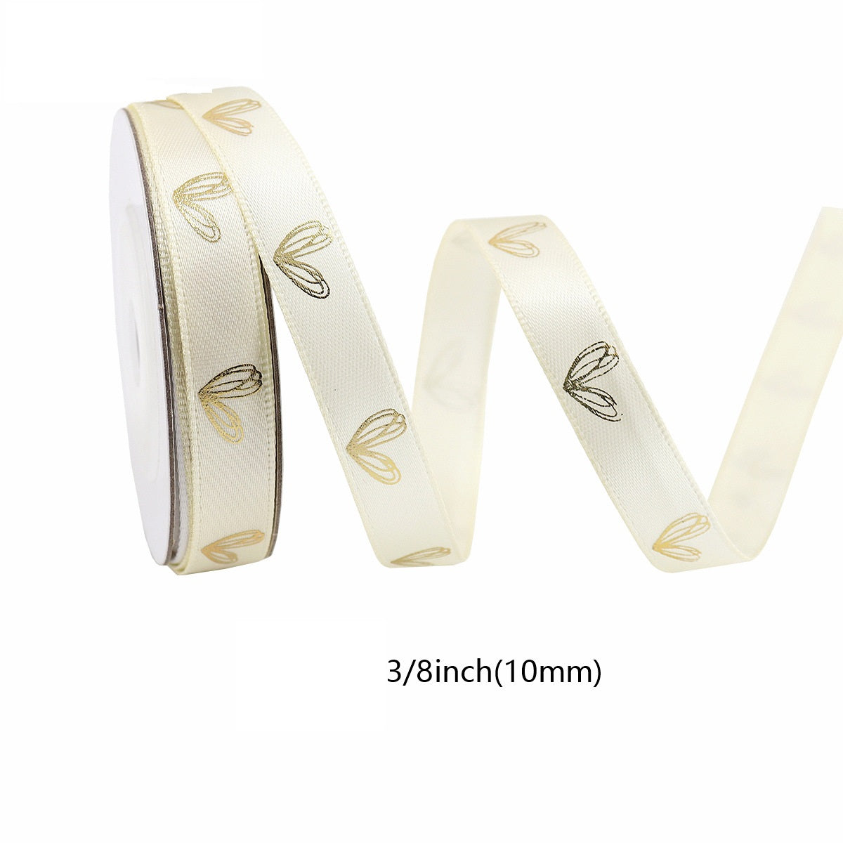 Elfenbeinfarbenes Herzfolienband, goldene Herzmotive, 10 mm (3/8")