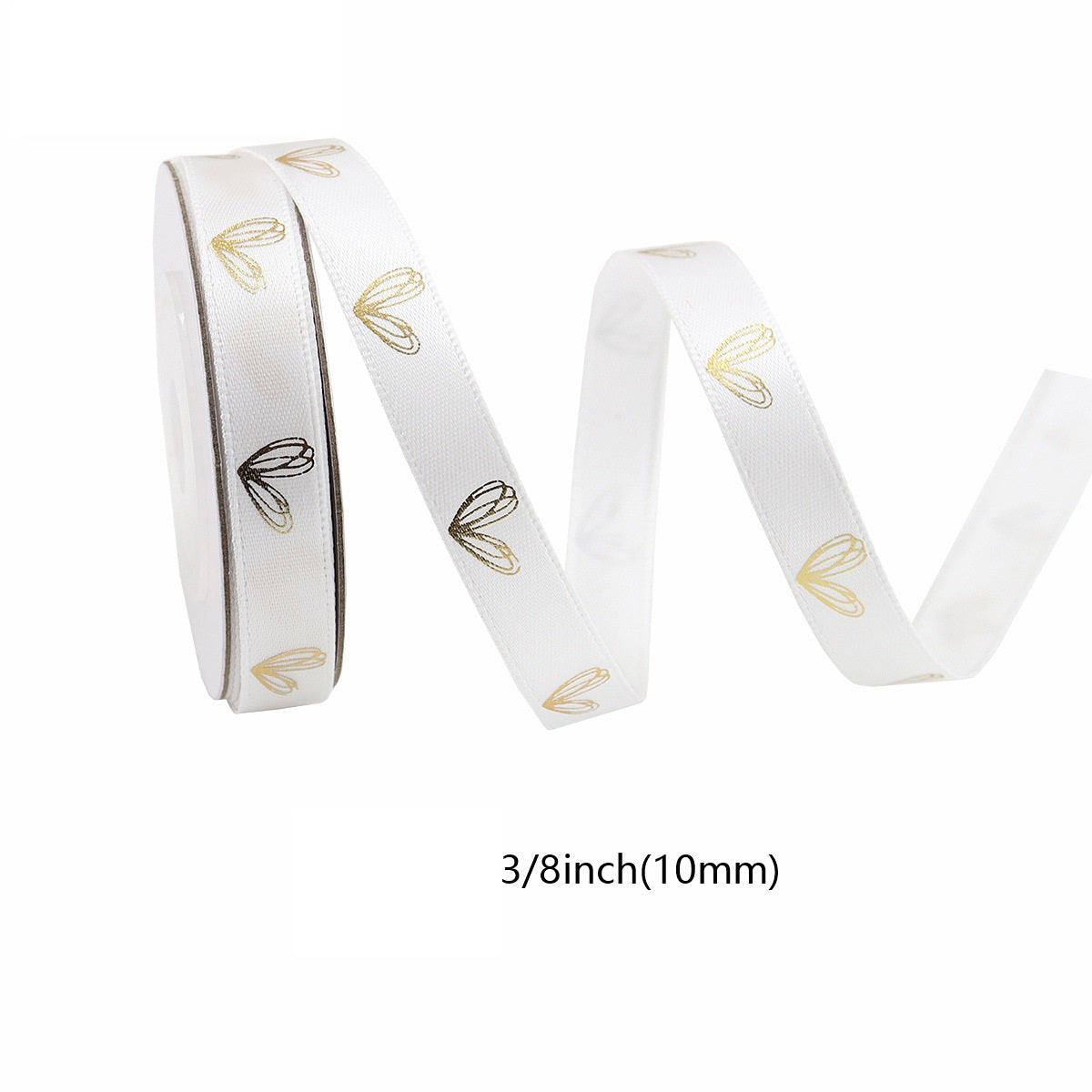 Cremeweißes Herzfolienband mit goldenen Herzmotiven, 10 mm (3/8")