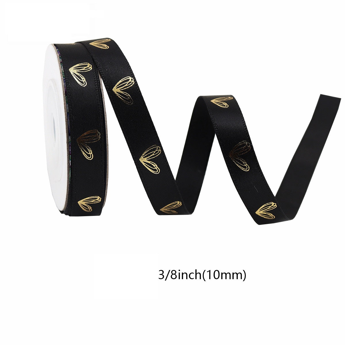 Schwarzes Herzfolienband mit goldenen Herzmotiven, 10 mm (3/8")