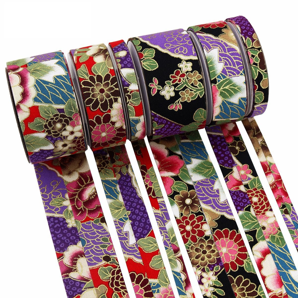 Gold-foil floral fabric ribbon set, black/purple, multiple widths (10mm, 25mm, 38mm)