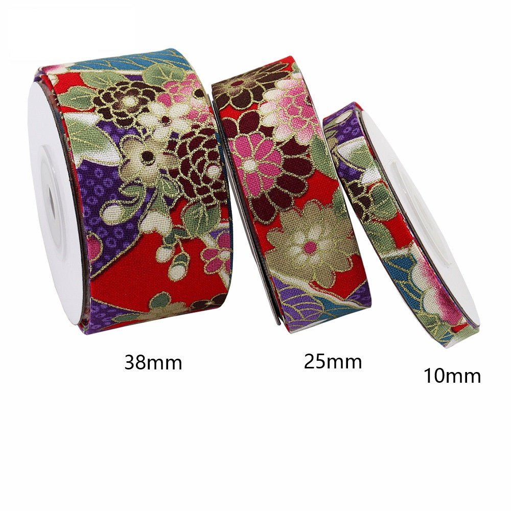 Gold-foil floral ribbon set, red/purple, widths labeled 38mm, 25mm, 10mm