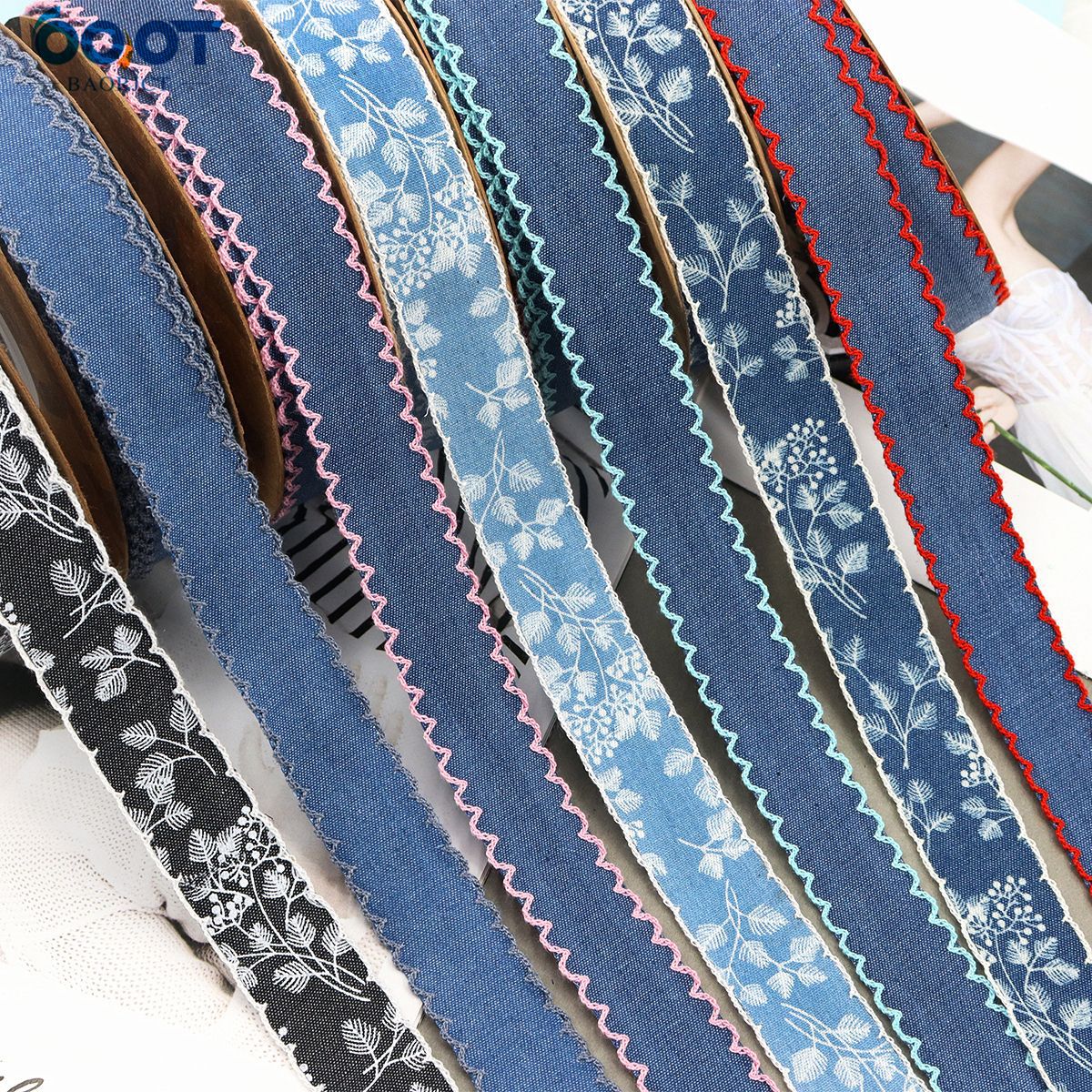 1.5-inch denim lace-edged ribbon in mixed colors with zigzag scalloped trim