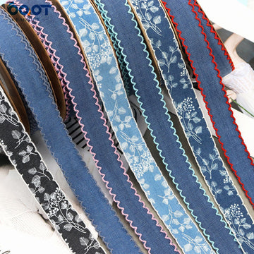 1.5-inch denim lace-edged ribbon in mixed colors with zigzag scalloped trim