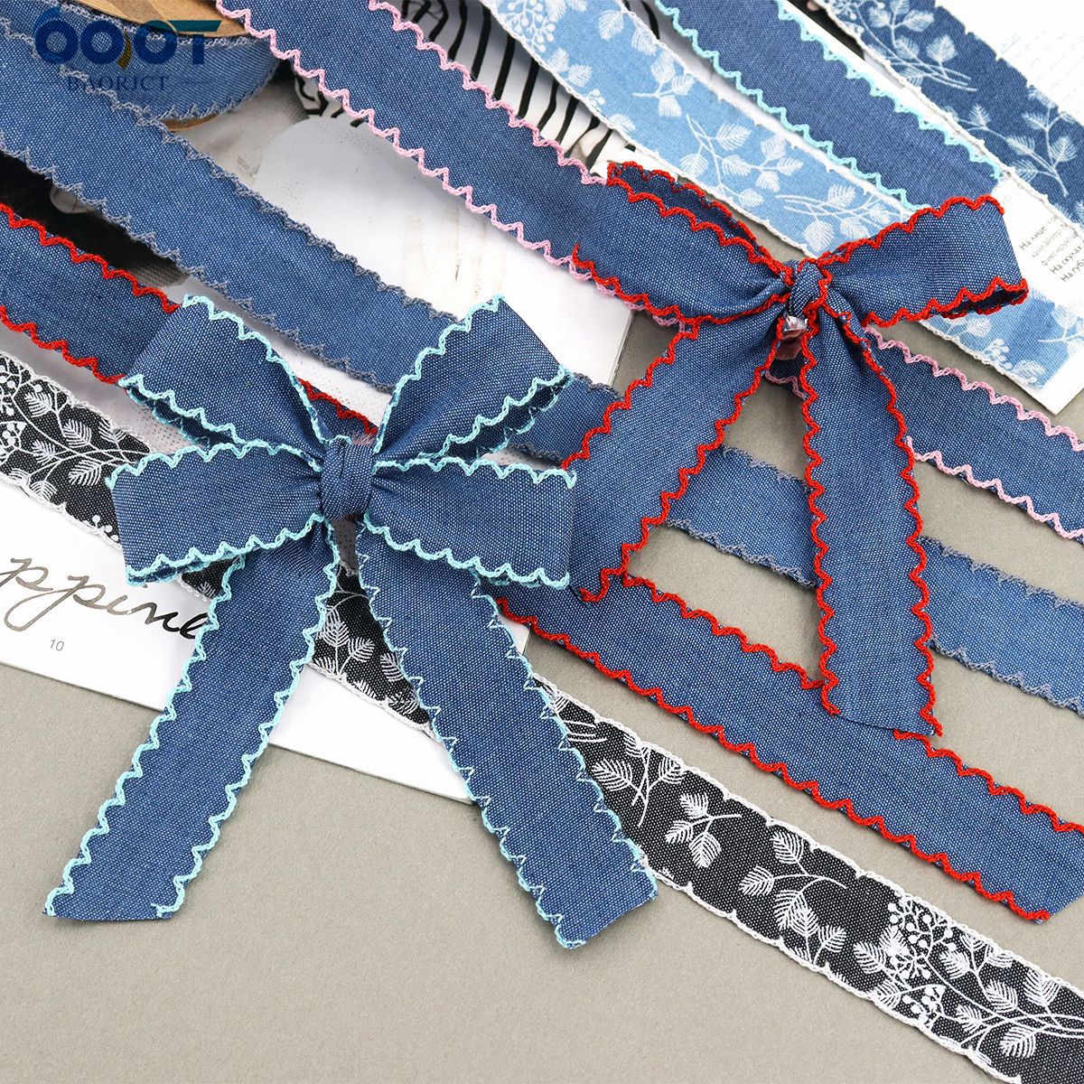 1.5-inch denim lace-edged ribbon bundle in blue with red, teal, and pink scalloped edges