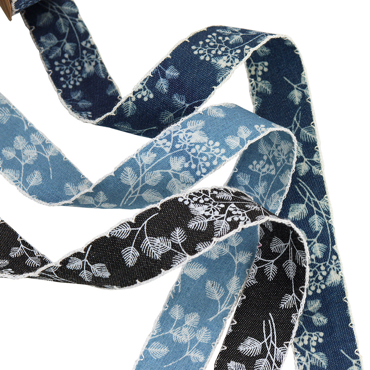 1.5-inch blue denim lace-edged ribbon with white patterned lace trim