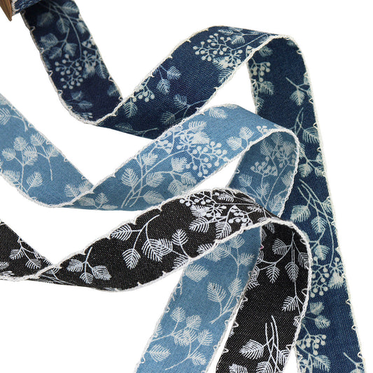 1.5-inch blue denim lace-edged ribbon with white patterned lace trim