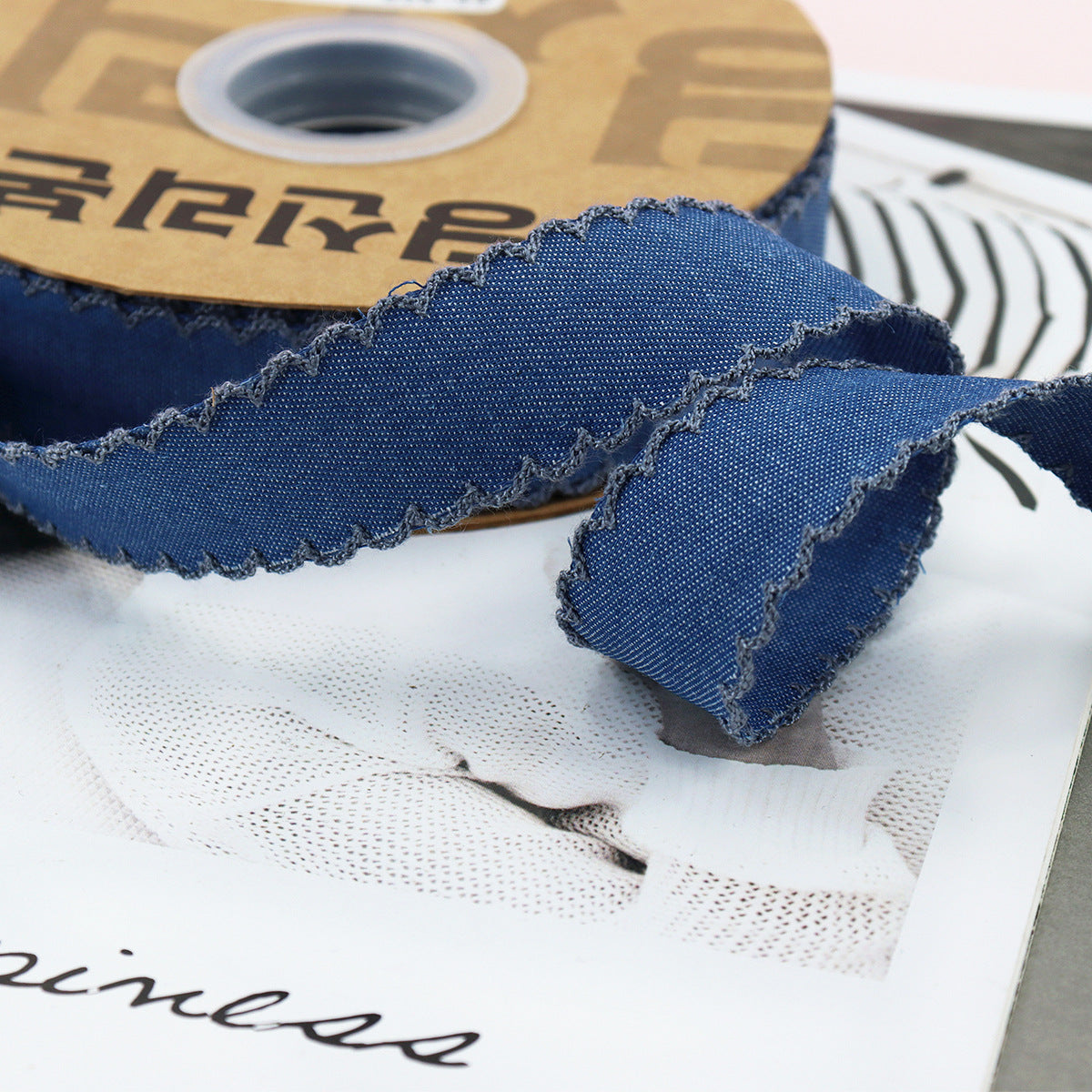 Blue denim ribbon with lace trim and floral pattern, 1.5 inch wide