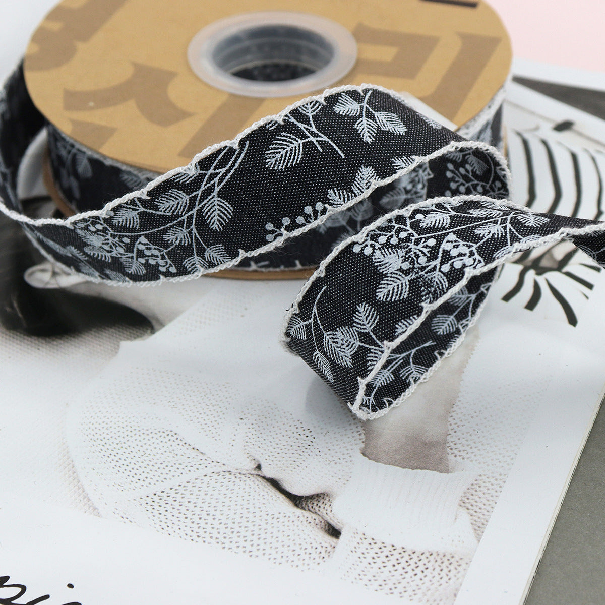 Black denim ribbon with white lace trim and floral pattern, 1.5 inch wide