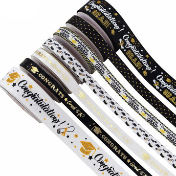 Graduation ribbon 7-pack rolls with mixed black, white, and gold “Congratulations Grad” print