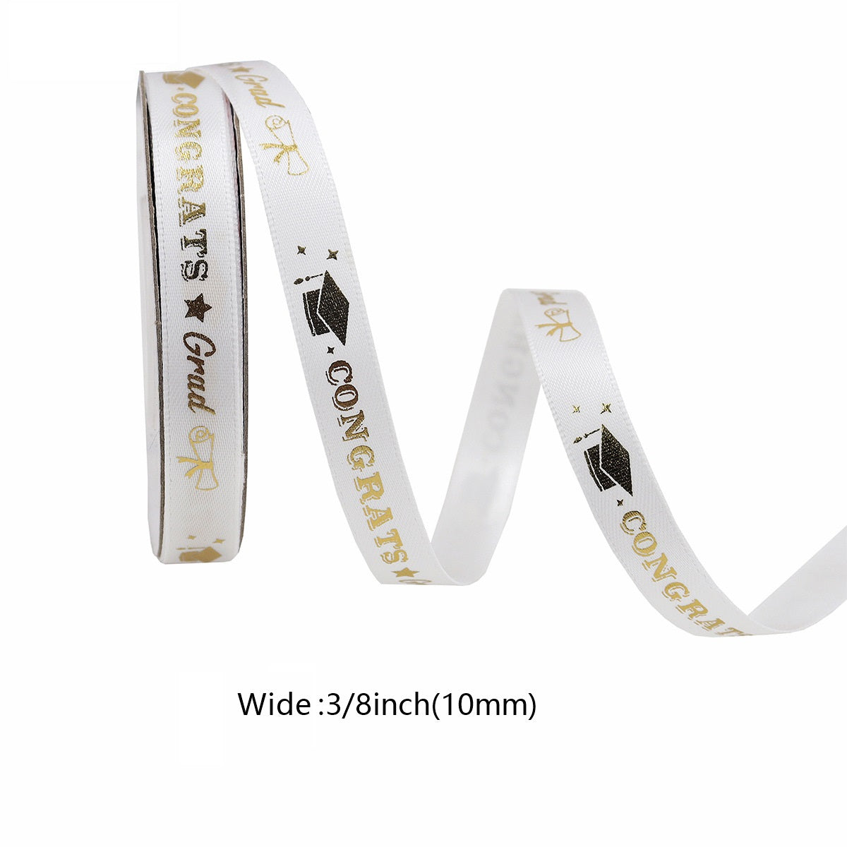 White graduation ribbon with gold and black “Congratulations” and “GRAD” text and caps