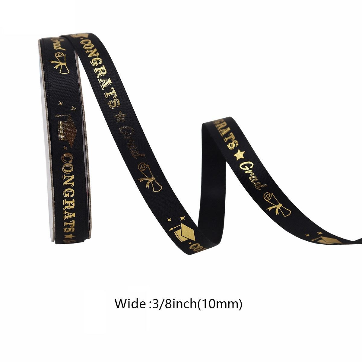Black graduation ribbon with gold “GRAD” and graduation cap icons on ribbon roll
