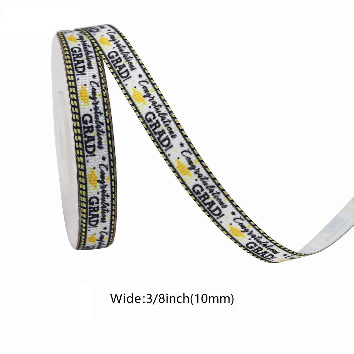 White graduation ribbon with “GRAD” and gold cap icons; narrow black-and-gold border