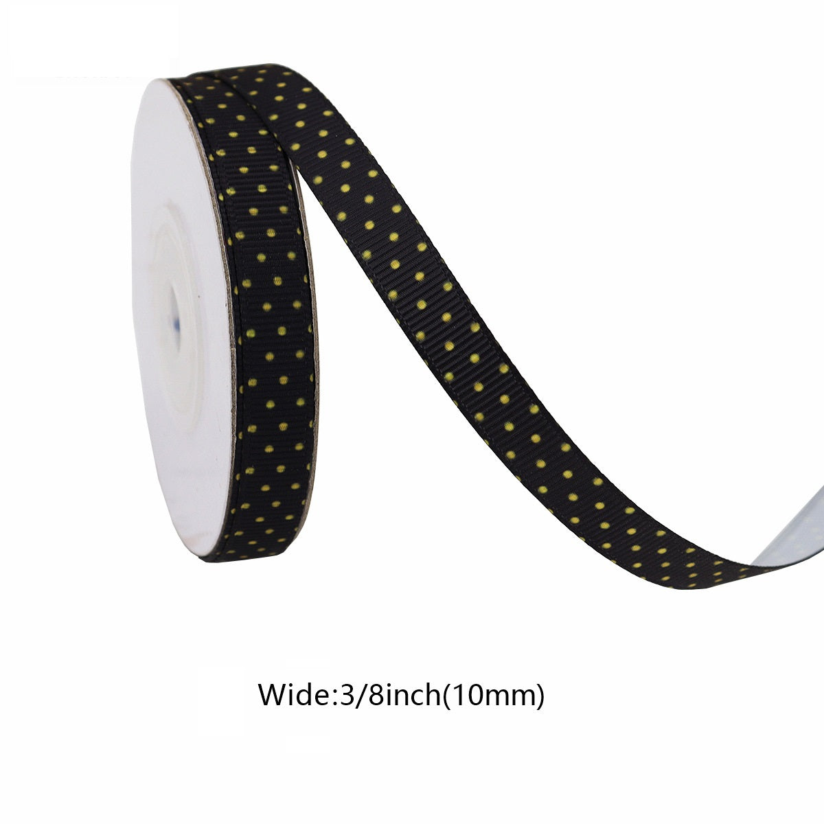 Black graduation ribbon roll with gold polka dots; “Congratulations Grad” ribbon design