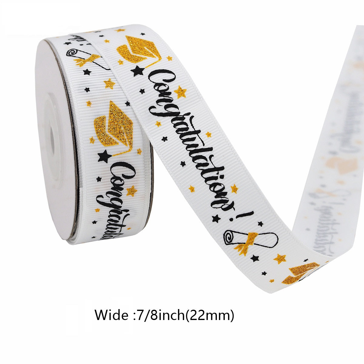 White graduation ribbon with gold “Congratulations” print and stars, 7/8 in (22 mm)