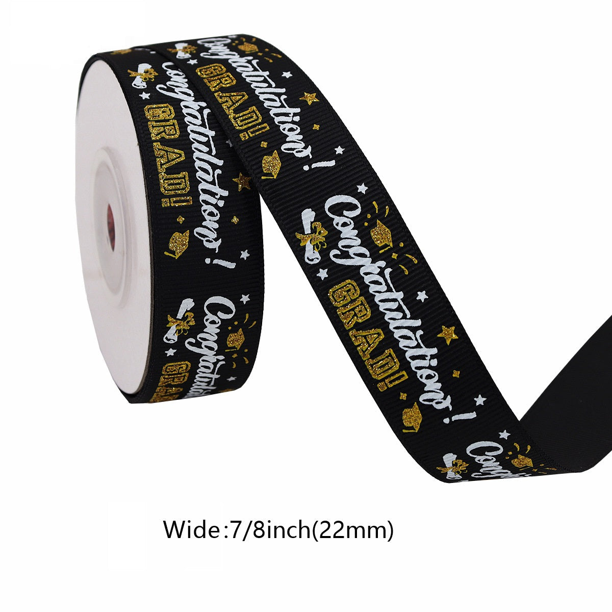 Black wide ribbon roll with gold “Congratulations” and “GRAD” lettering; 22mm width