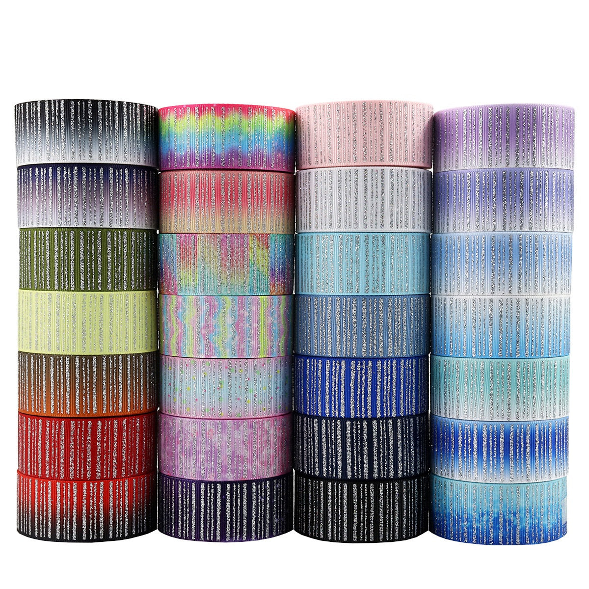 25mm sparkling ribbon spool set with vertical striped silver foil finish, 28 colors