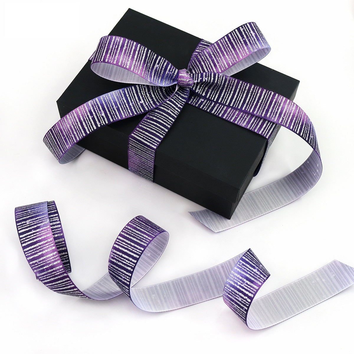 25mm purple striped sparkling ribbon with silver-foil vertical lines, bow-style ribbon