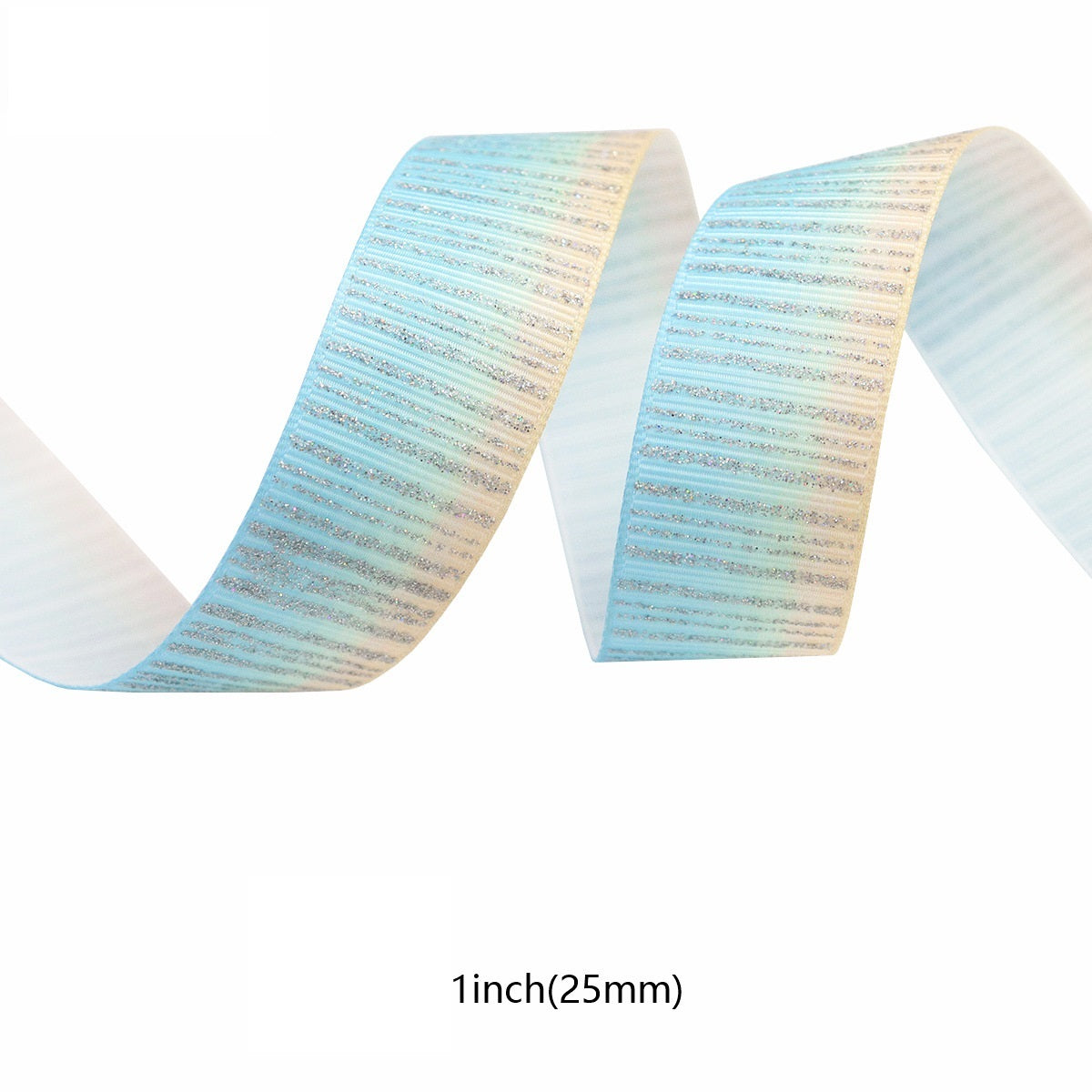 25mm light blue sparkling ribbon with vertical striped silver foil, single roll
