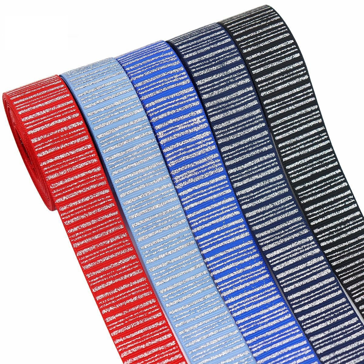 25mm glitter striped ribbon with silver foil—red, light blue, navy, black rolls