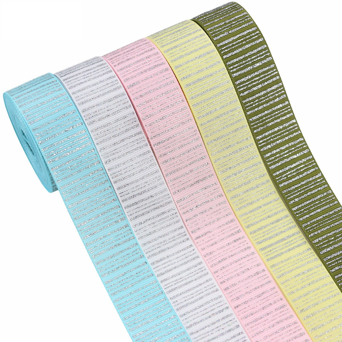 25mm pastel sparkling ribbon with vertical striped silver foil—mint, white, pink, olive