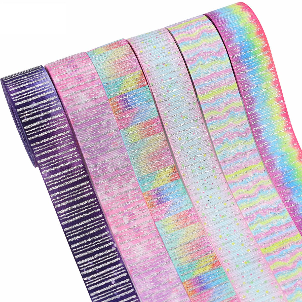 25mm multicolor sparkling ribbon with vertical striped silver-foil shimmer, wide stack