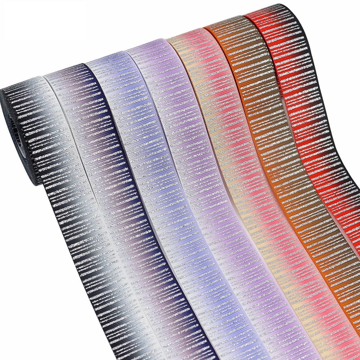 25mm striped sparkling ribbon with silver foil—purple, gold, orange, red, black rolls