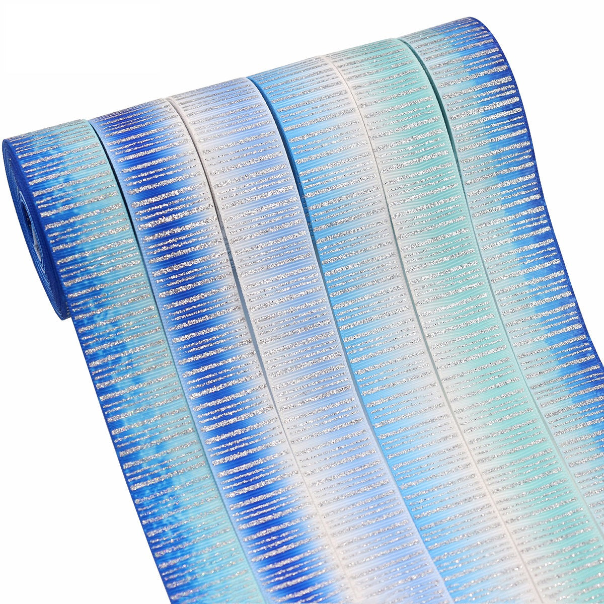 25mm blue and teal sparkling ribbon with vertical striped silver-foil shimmer, roll stack