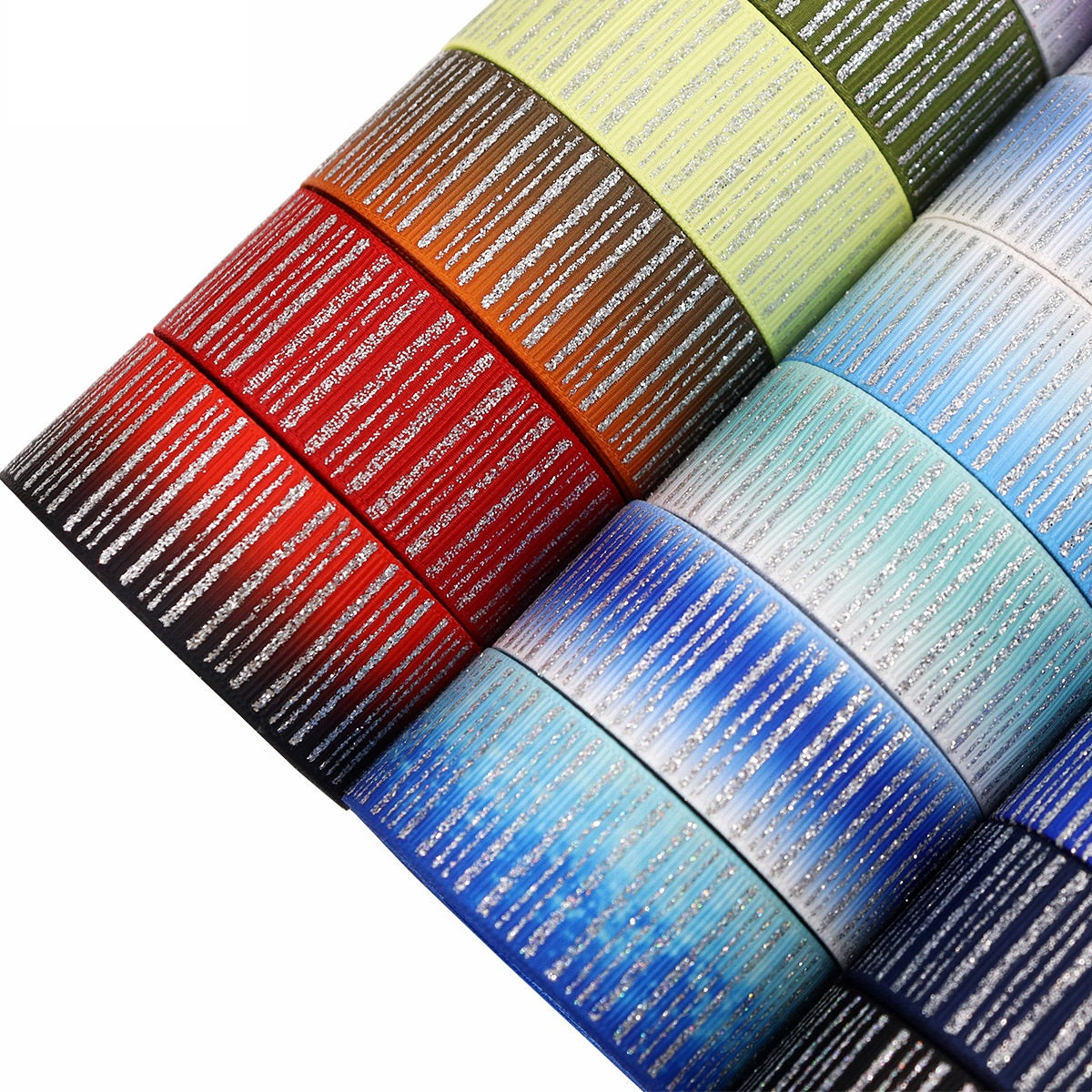 25mm multicolor sparkling ribbon with vertical striped silver foil—close-up of stacked rolls