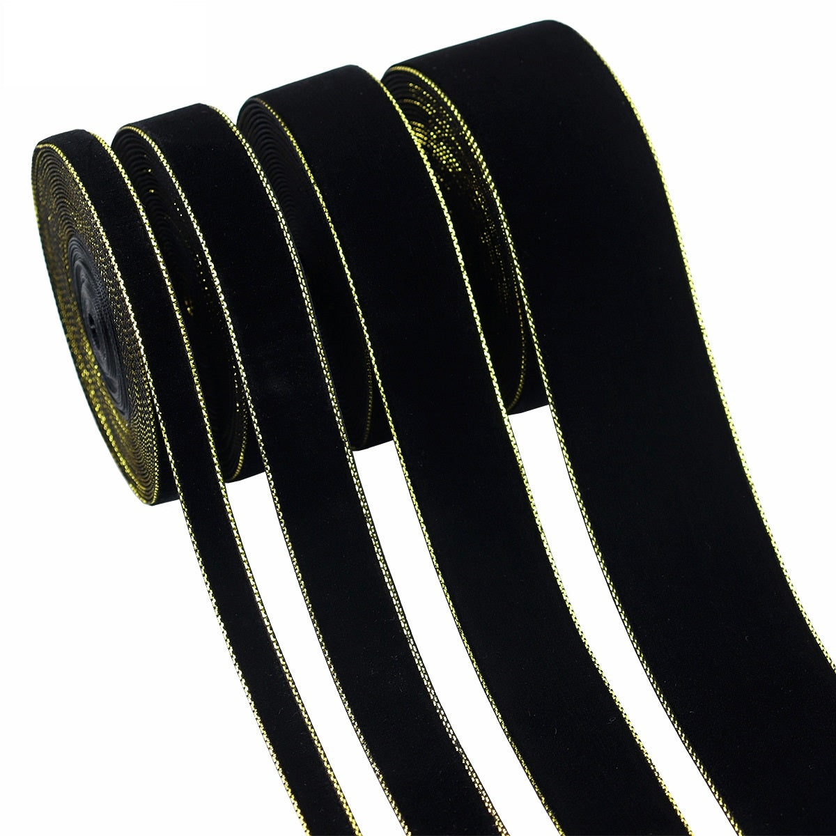 Schwarze Samtbänder mit goldenen Einfassungen, 4er-Pack, 10–38 mm
