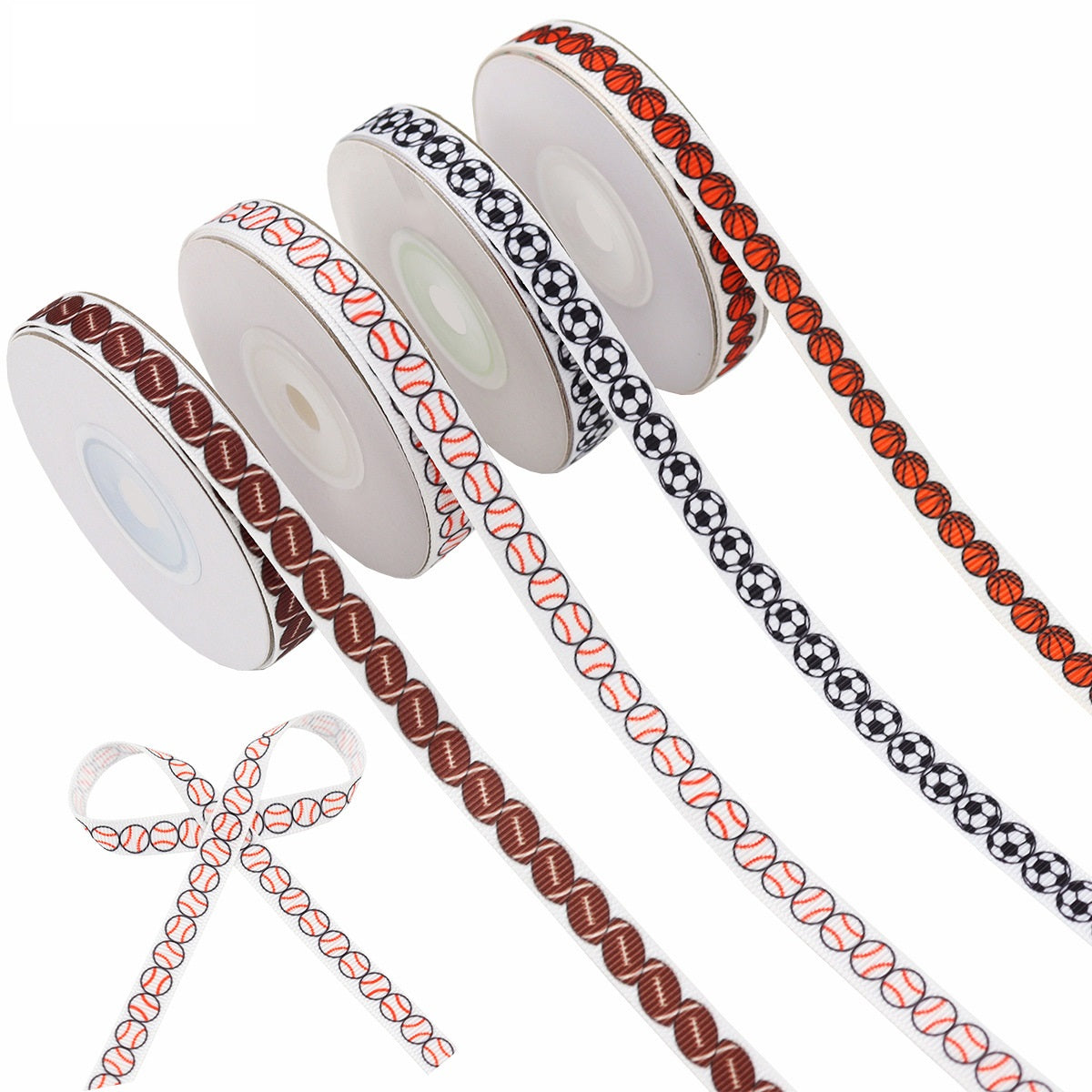 Sports ribbed ribbon 4-pack with football, baseball, basketball, soccer patterns on rolls