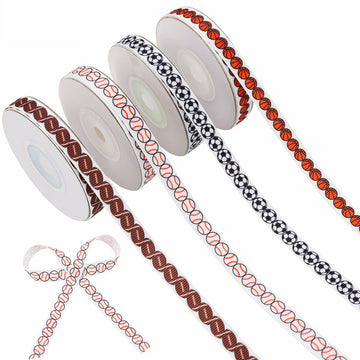 Sports ribbed ribbon 4-pack with football, baseball, basketball, soccer patterns on rolls