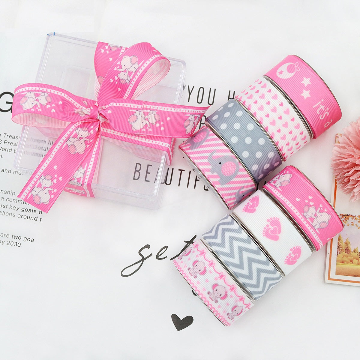 Pack de 8 cintas de fiesta rosa de 22 mm, con varios estampados y lazos