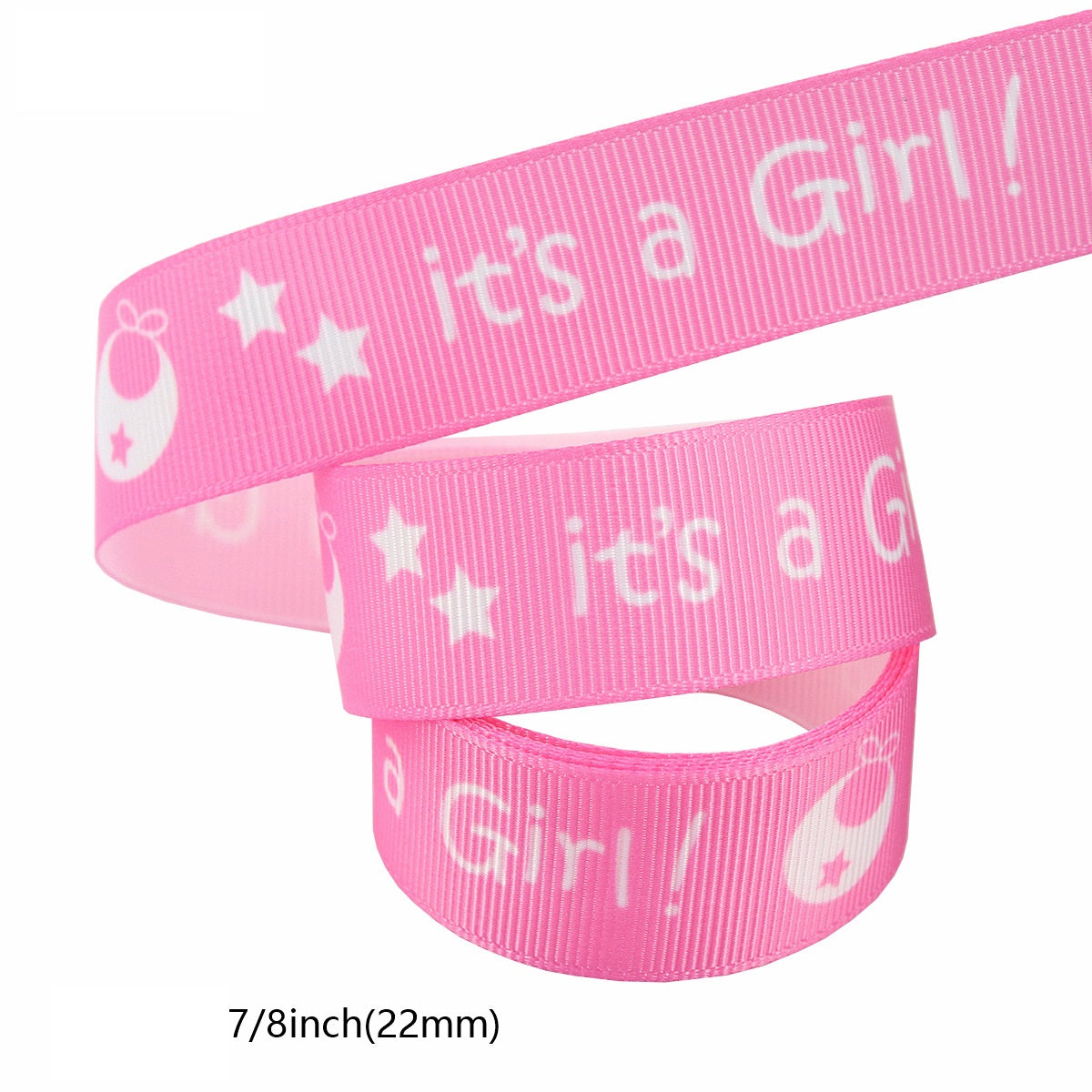 Cinta rosa de 22 mm con el texto “It’s a Girl!” y estrellas, enrollada