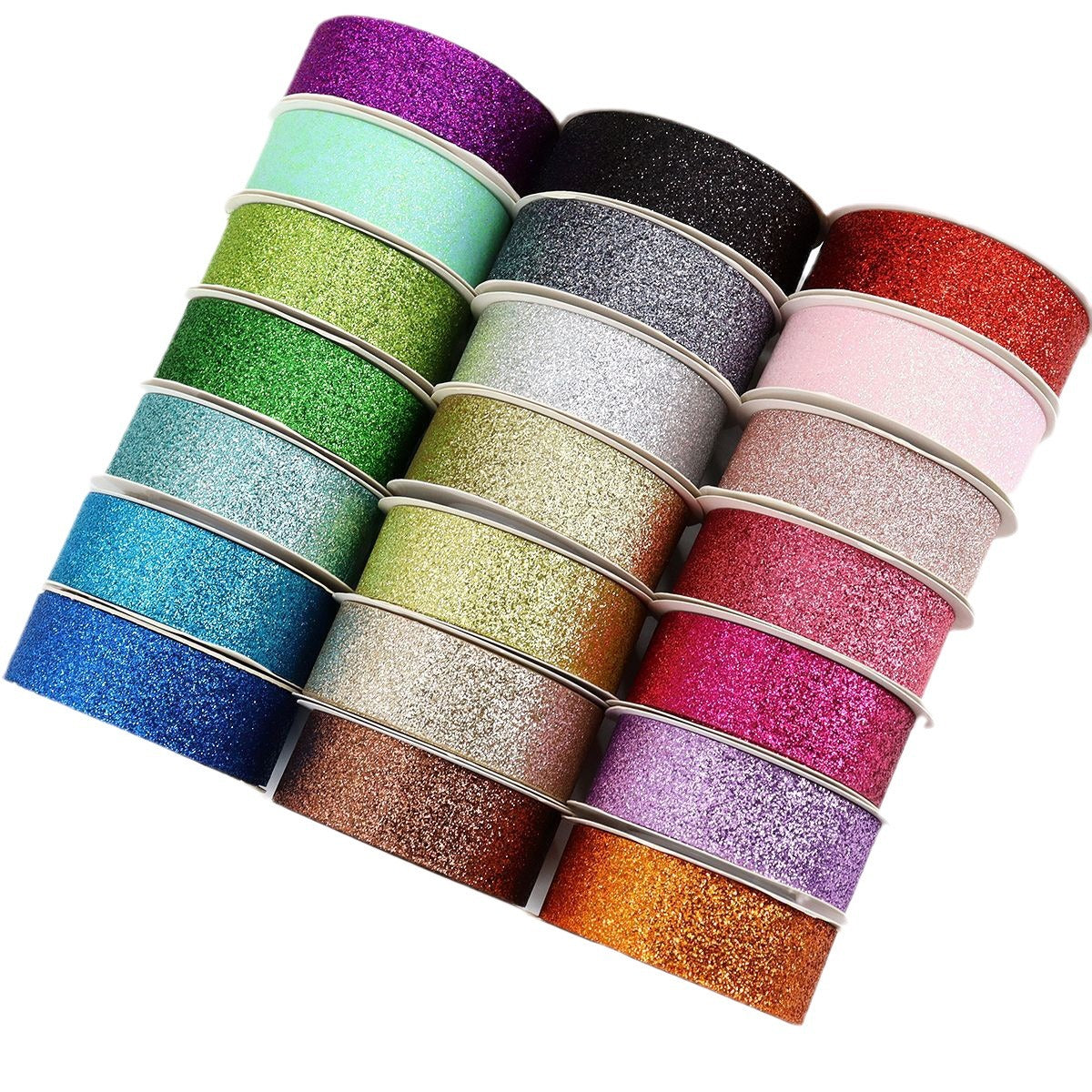Shiny glitter packaging ribbons in mixed colors, 21-roll set