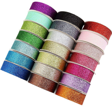 Shiny glitter packaging ribbons in mixed colors, 21-roll set