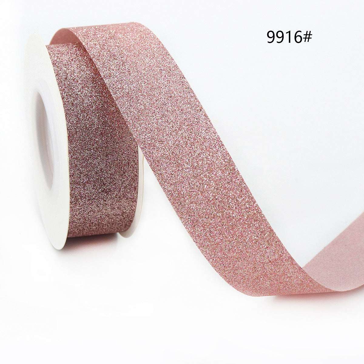 Dusty rose glitter ribbon on spool, sparkling finish for gift wrap accents