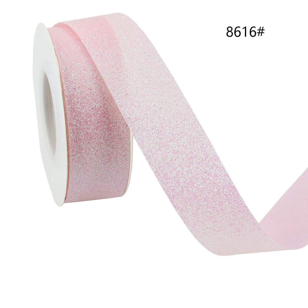 Blush pink glitter ribbon on spool, sparkling edge for bows and packaging
