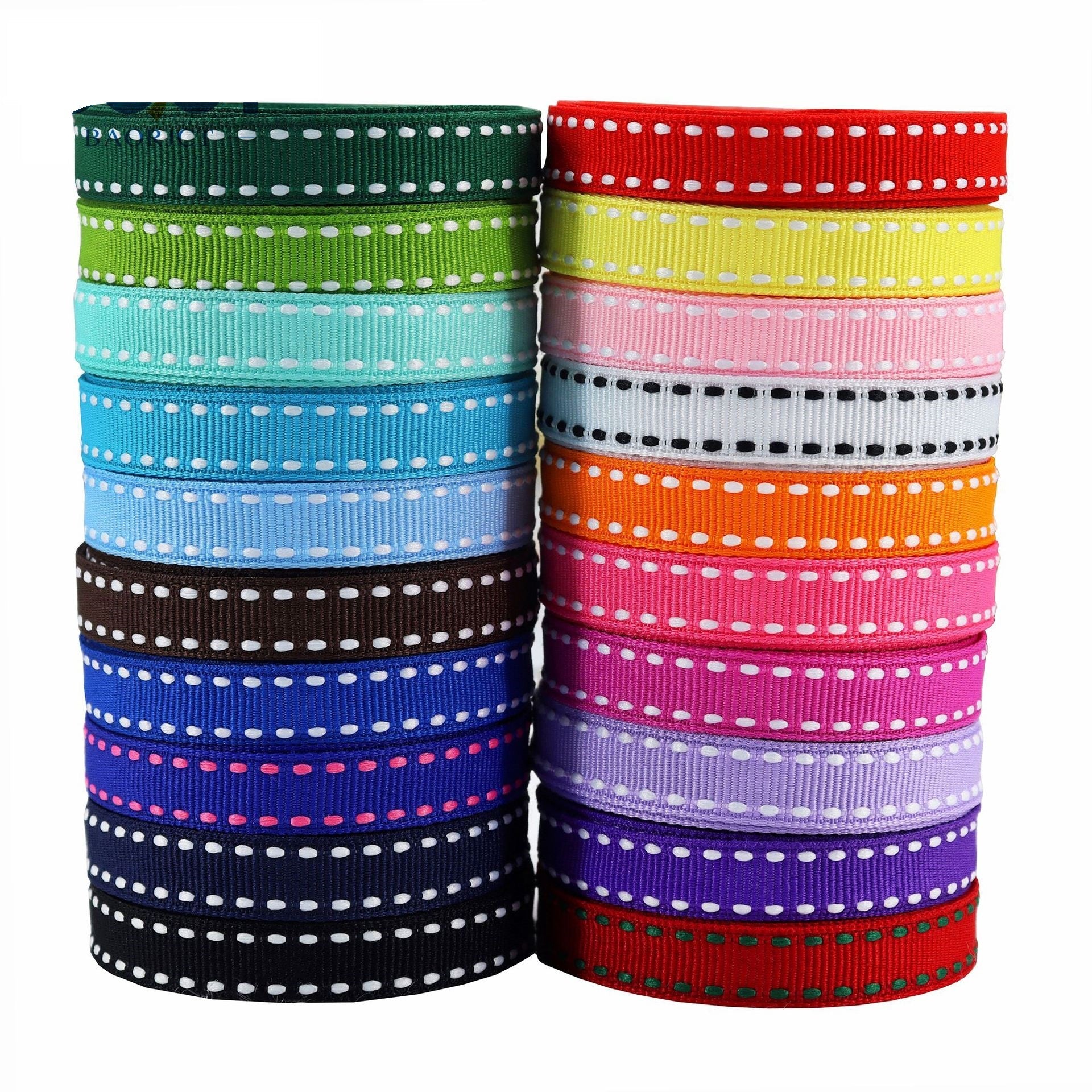 10mm striped ribbon set, reels of multicolor ribbon with white stitch dots on edges
