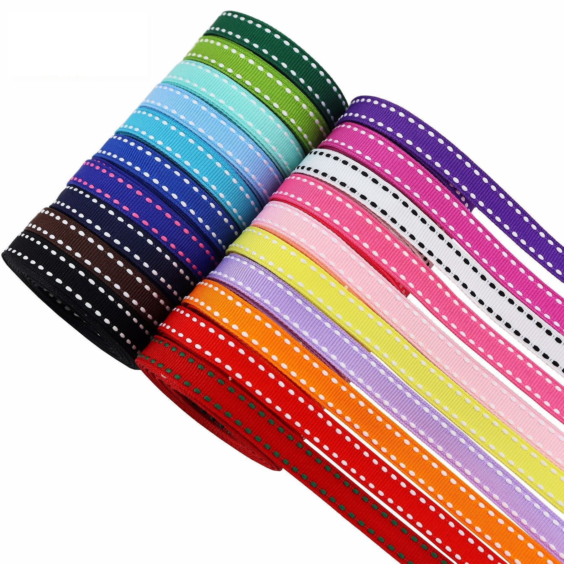 Multicolor 10mm striped ribbon roll set with stitched dotted edges in teal, navy, pink