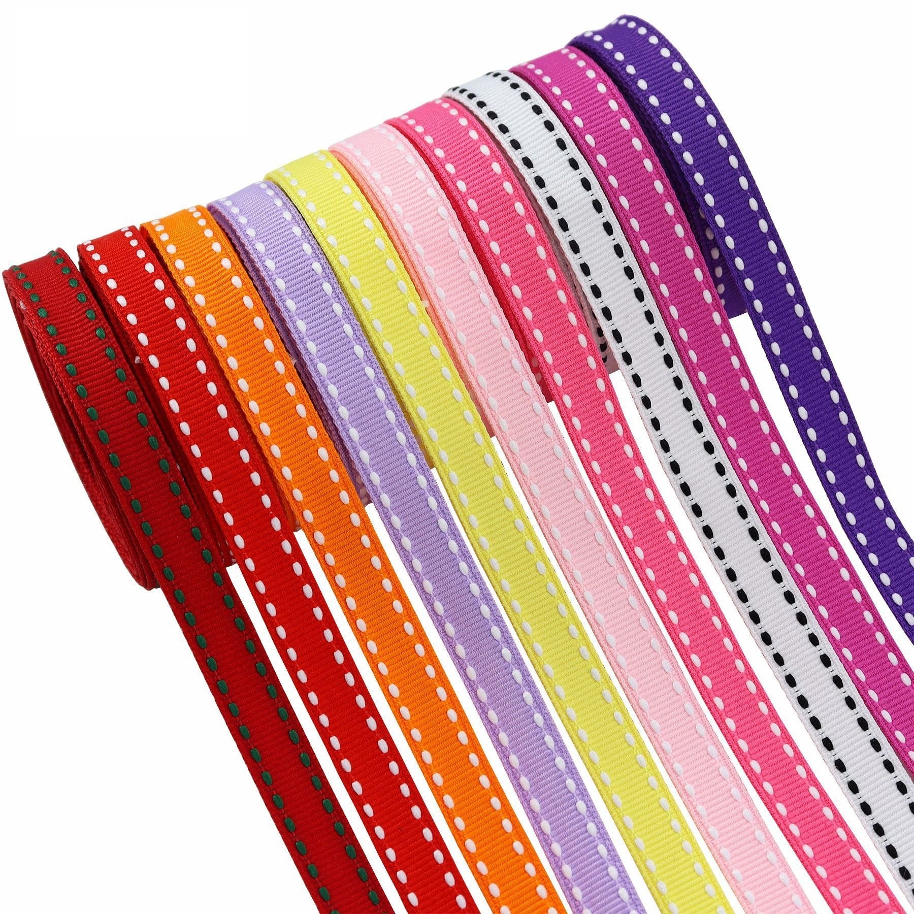 10mm striped ribbon with stitched dot stripes in red, orange, yellow, pink and purple rolls