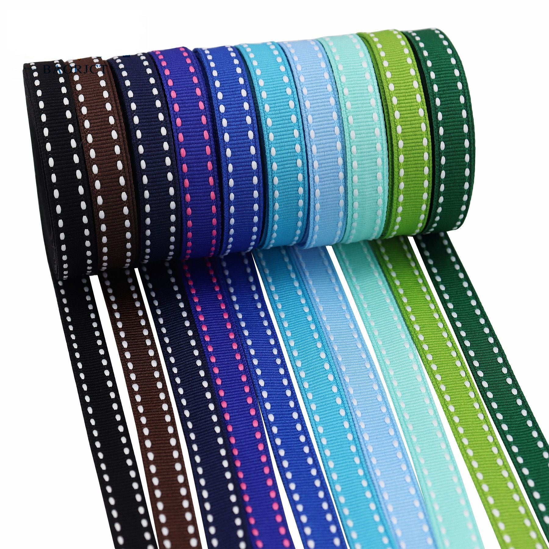 10mm striped ribbon in layered colors: black, brown, navy, blue, mint, and green