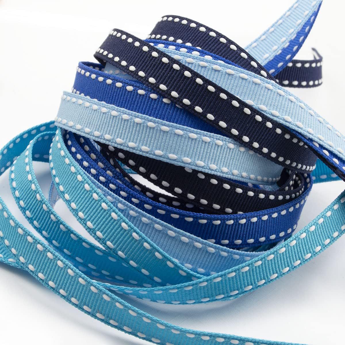 Blue 10mm striped ribbon with white stitched dot stripes, looped with layered bands