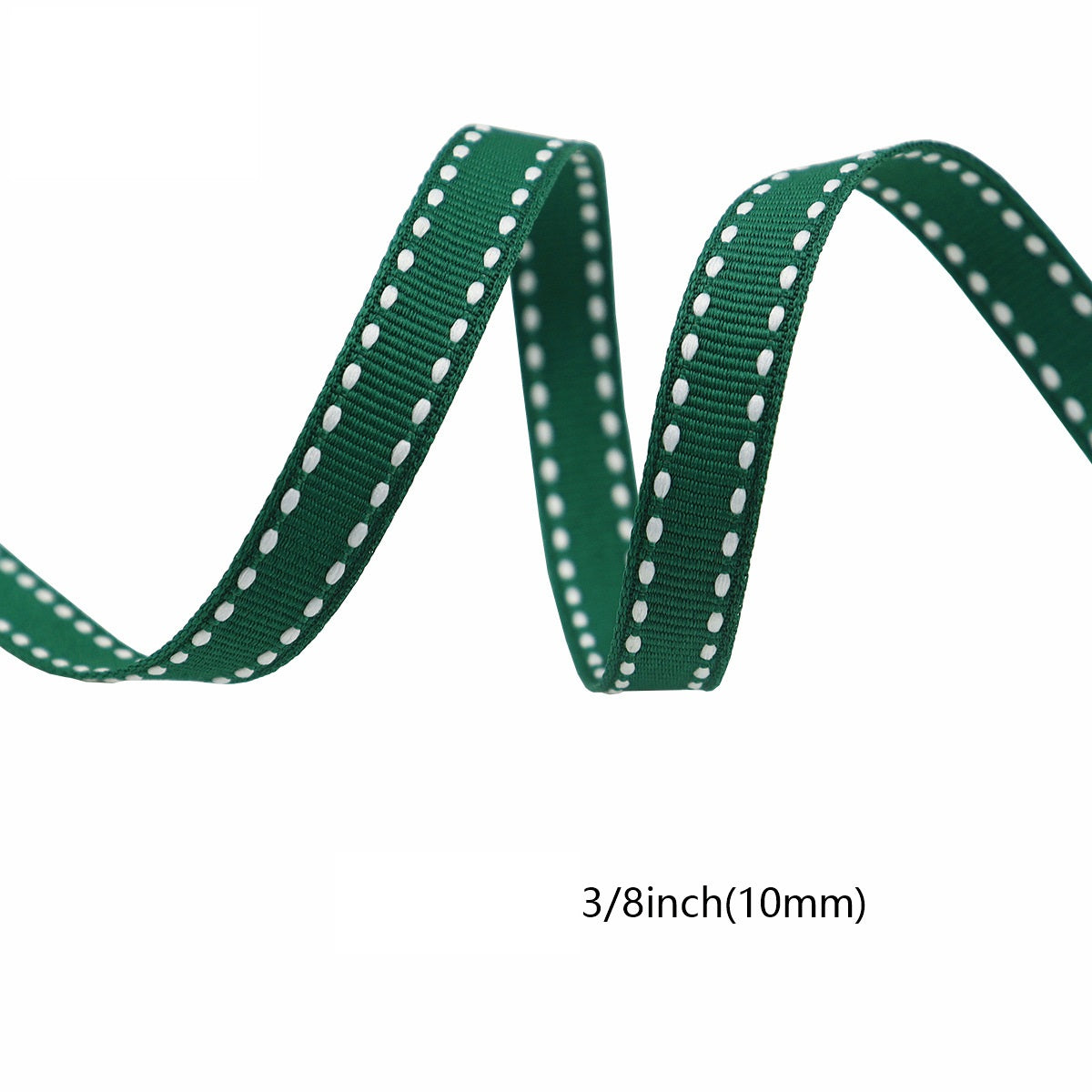Green 10mm striped ribbon with white stitched dot pattern, shown in a loop