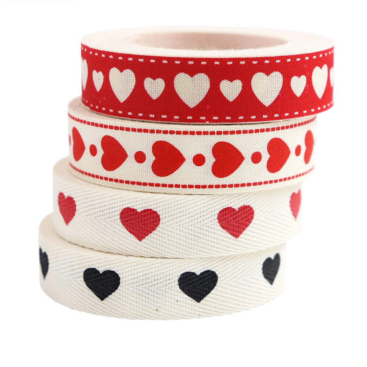 Heart cotton ribbon rolls in red and cream with dark heart accents
