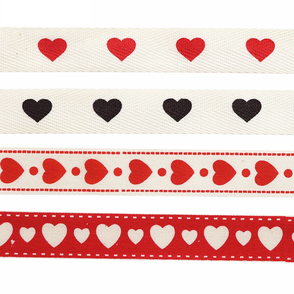 Cotton ribbon close-up: red and black hearts on cream with dotted trim