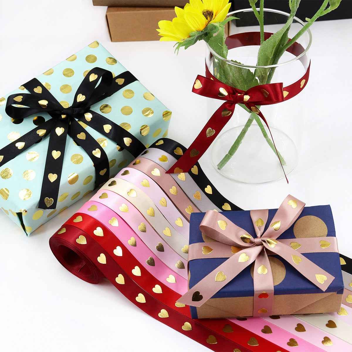 Valentine gift ribbons with gold heart prints in pink, red, black, navy; tied bows