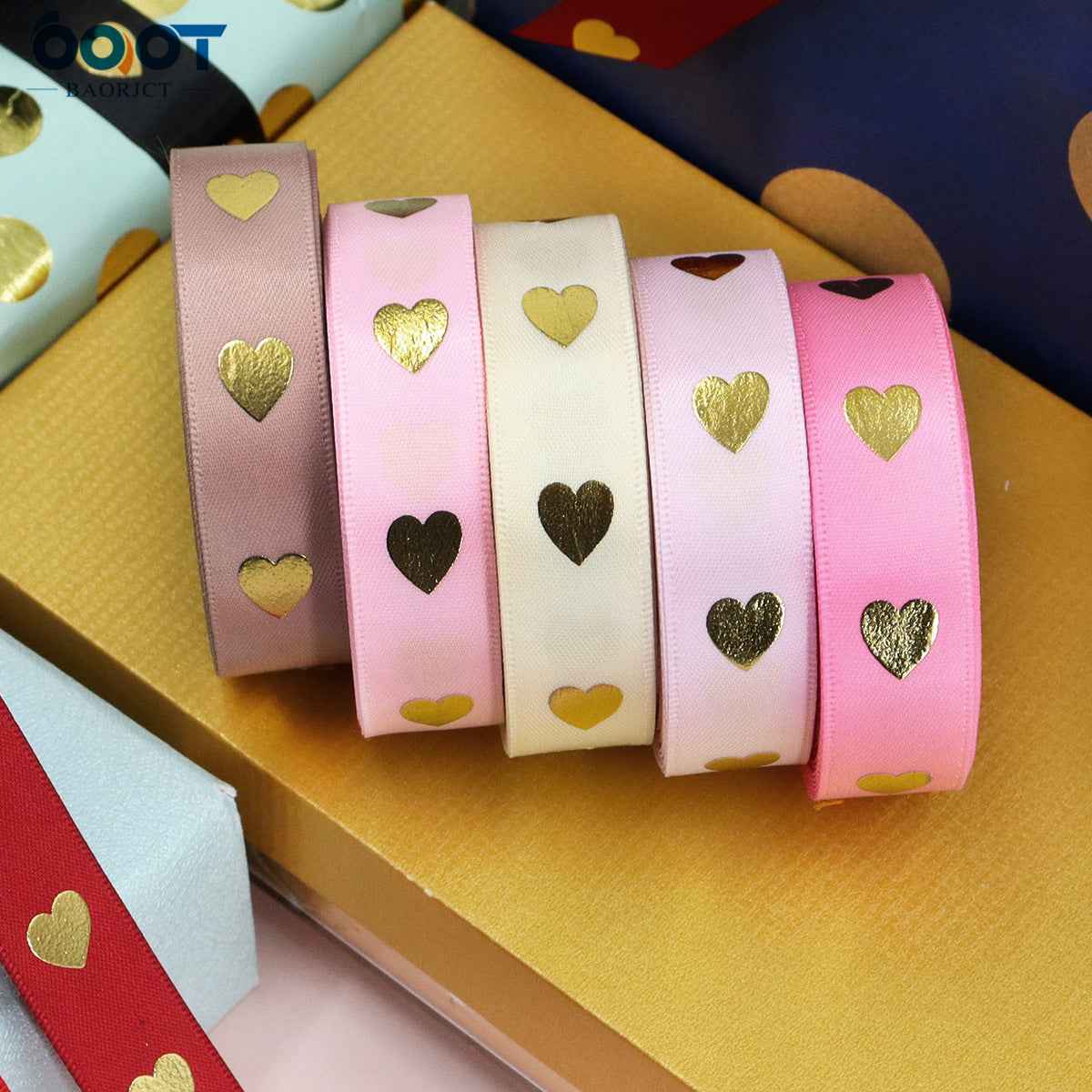 Pastel heart hot-stamping ribbon strips: pink, lilac, white with gold hearts