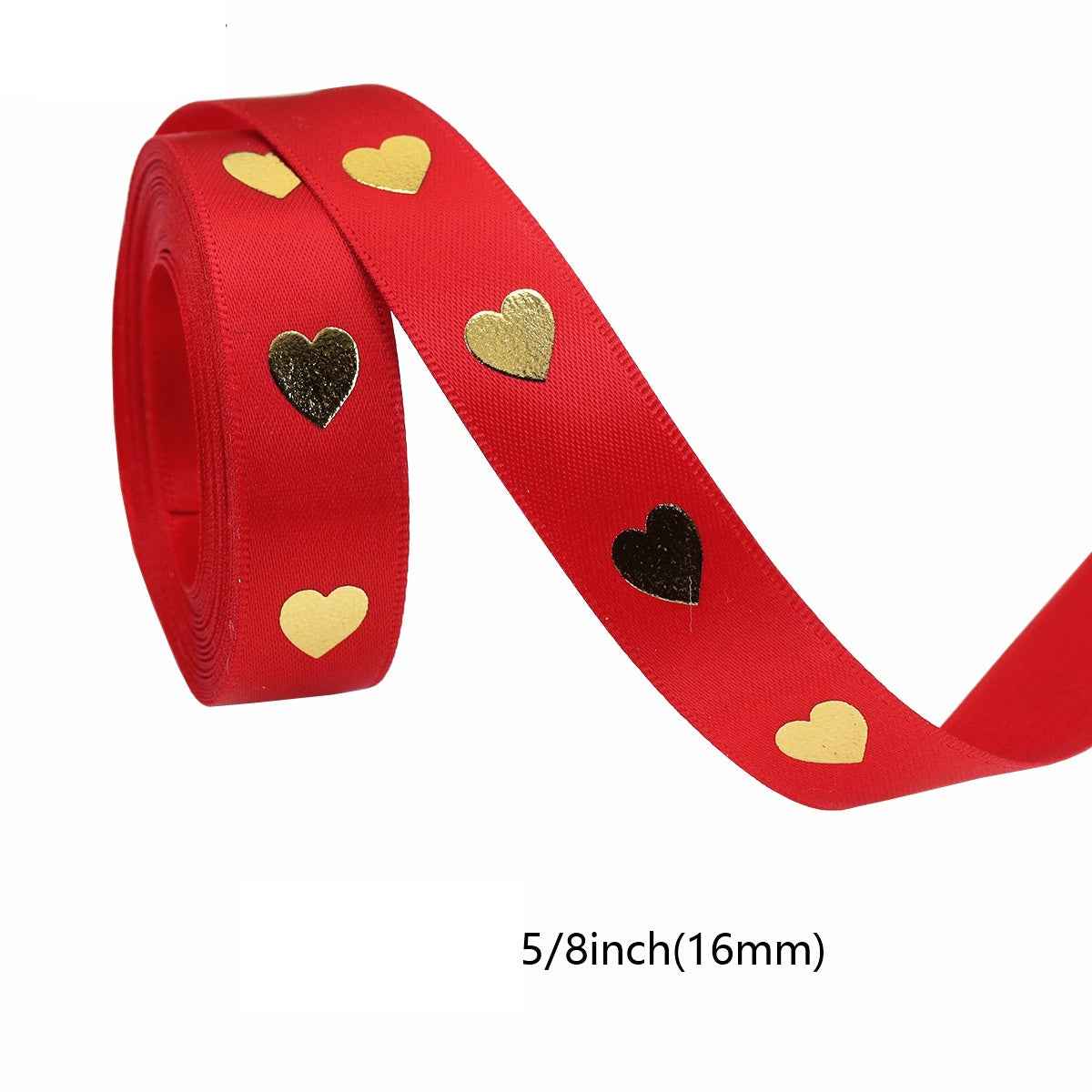 Red heart hot-stamping ribbon, gold hearts; 5/8 inch (16mm) width
