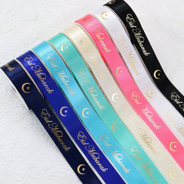 Hanukkah festive ribbon set, 8 colors, satin with gold “Eid Mubarak” and moon icons