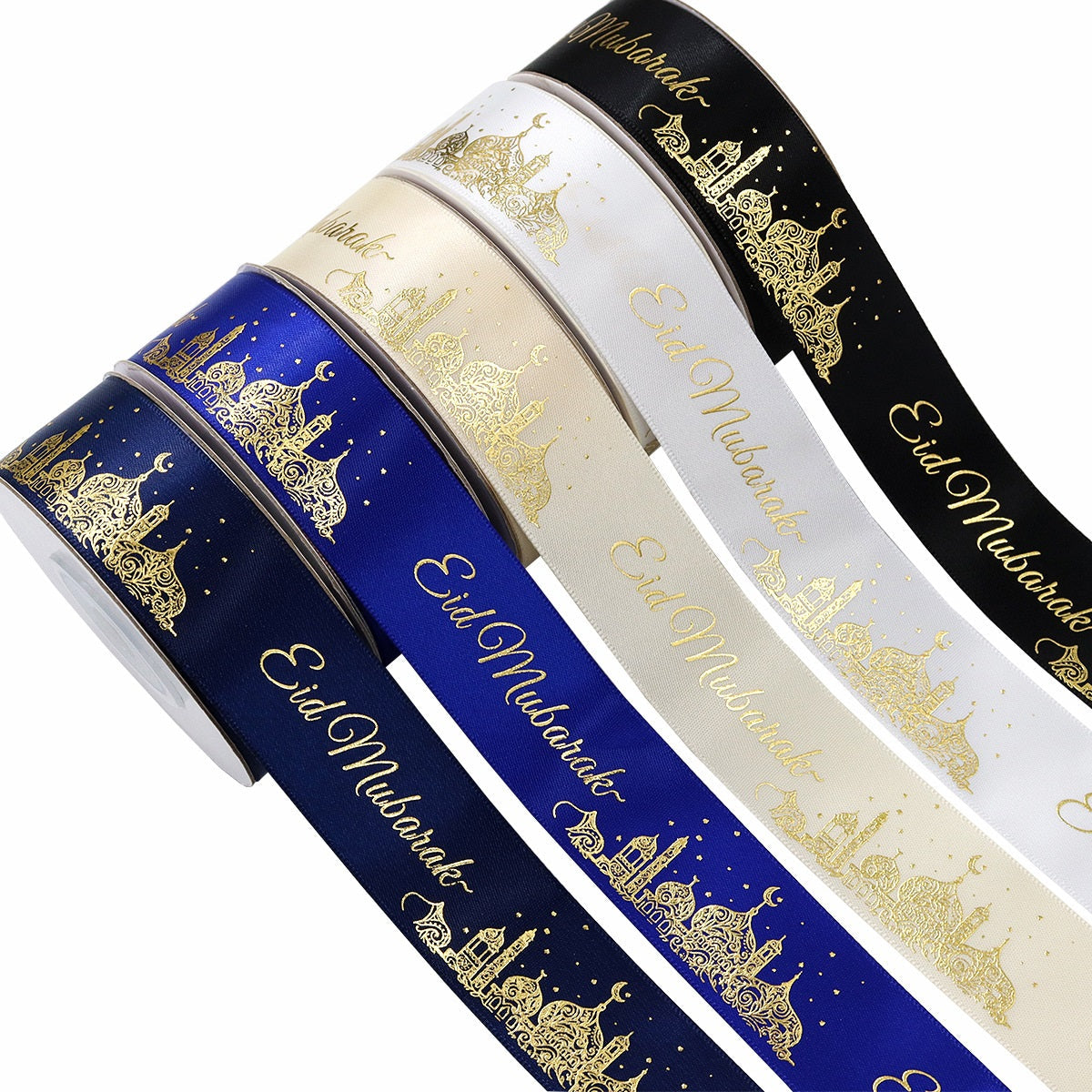 1-inch satin ribbon roll in dark blue with gold “Eid Mubarak” and motif silhouettes